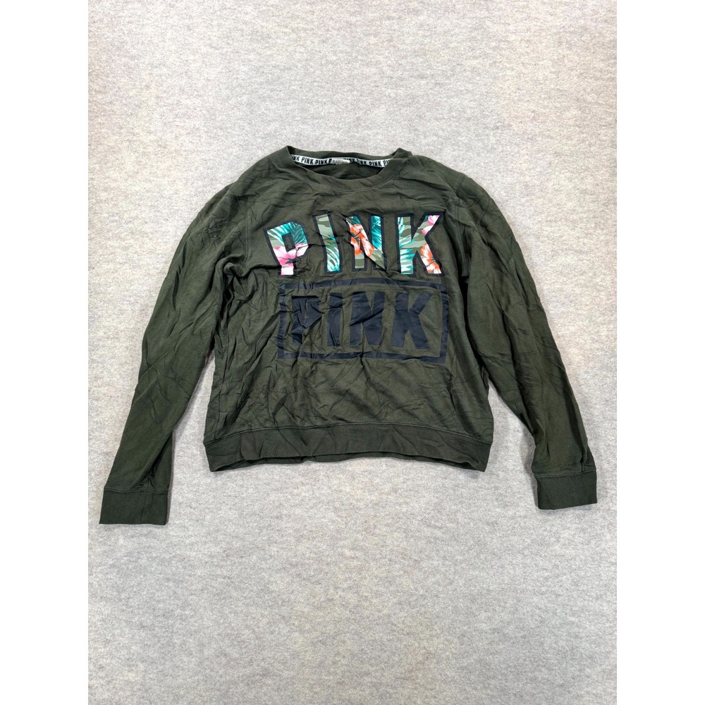 Victoria's Secret PINK Sweatshirt Womens Medium Olive Green Fleece Lined Cotton